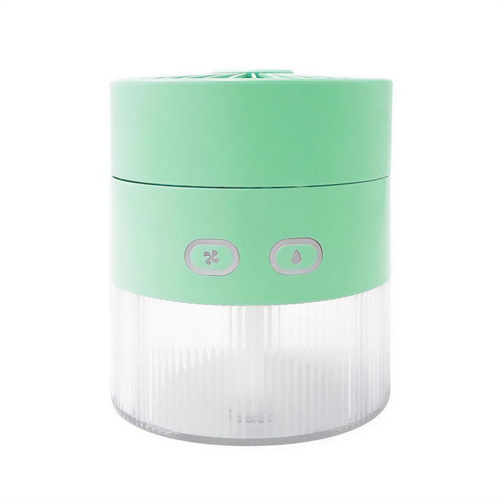 Ventilador de mesa com humidificação. Capacidade de 350 ml. Saída de névoa de 40 ml/h. Fonte de alimentação USB-C.