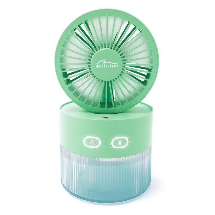 Ventilador de mesa com humidificação. Capacidade de 350 ml. Saída de névoa de 40 ml/h. Fonte de alimentação USB-C.
