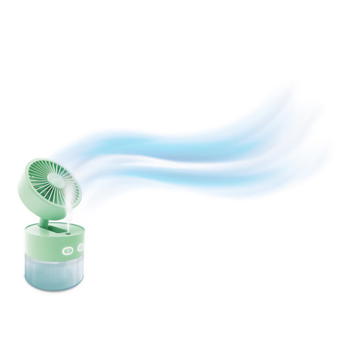 Ventilador de mesa com humidificação. Capacidade de 350 ml. Saída de névoa de 40 ml/h. Fonte de alimentação USB-C.