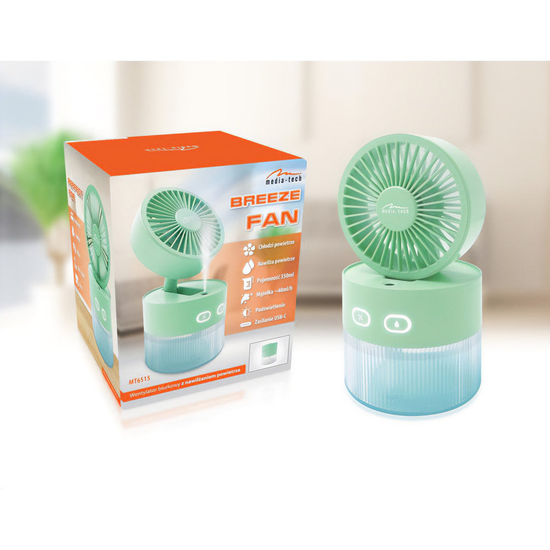Ventilador de mesa com humidificação. Capacidade de 350 ml. Saída de névoa de 40 ml/h. Fonte de alimentação USB-C.
