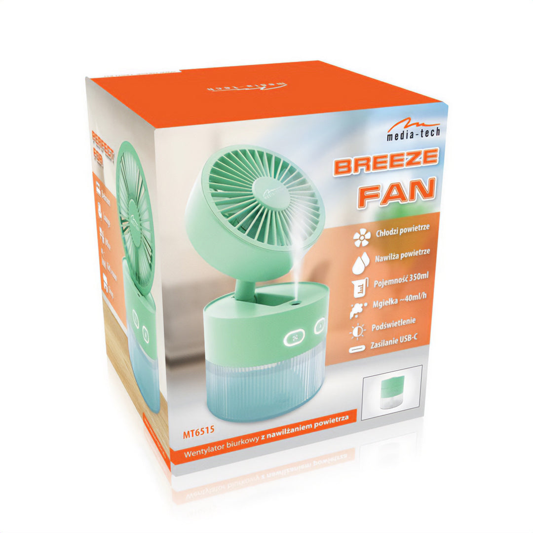Ventilador de mesa com humidificação. Capacidade de 350 ml. Saída de névoa de 40 ml/h. Fonte de alimentação USB-C.