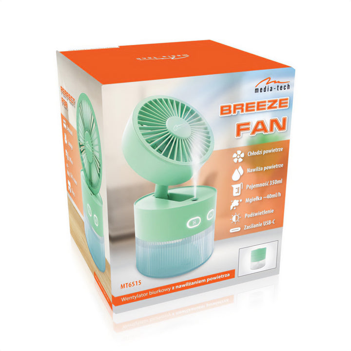Ventilador de mesa com humidificação. Capacidade de 350 ml. Saída de névoa de 40 ml/h. Fonte de alimentação USB-C.