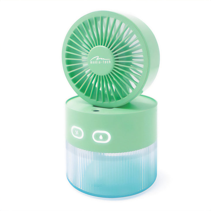 Ventilador de mesa com humidificação. Capacidade de 350 ml. Saída de névoa de 40 ml/h. Fonte de alimentação USB-C.