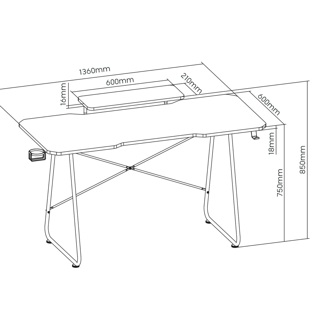 Mesa de jogos NanoRS com prateleira para monitor, máx. 50 kg, altura 850 mm, preta, RS170 + organizador de cabos/rack de secretária Nano RS, 1345 mm, preta e vermelha, RS125