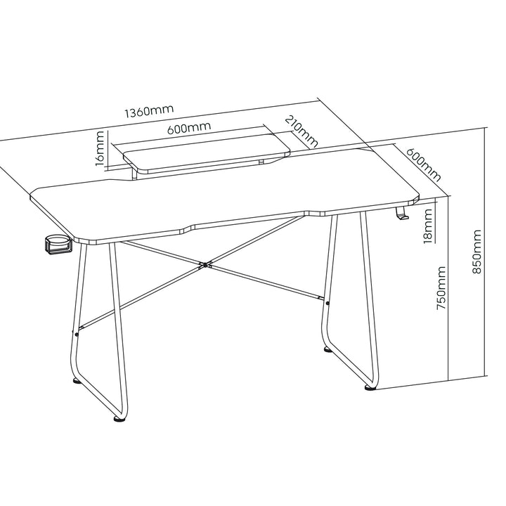 Mesa de jogos NanoRS com prateleira para monitor, máx. 50 kg, altura 850 mm, preta, RS170 + organizador de cabos/rack de secretária Nano RS, 1345 mm, preta e vermelha, RS125