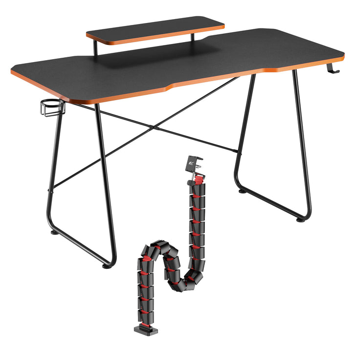 Mesa de jogos NanoRS com prateleira para monitor, máx. 50 kg, altura 850 mm, preta, RS170 + organizador de cabos/rack de secretária Nano RS, 1345 mm, preta e vermelha, RS125