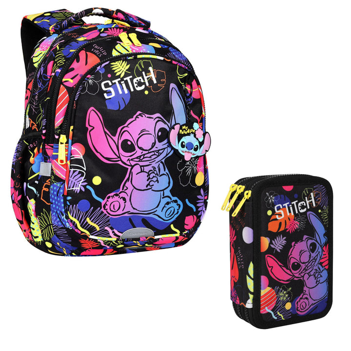 Mochila escolar 19 L Coolpack Jerry DISNEY STITCH negra + Estuche CoolPack de tres compartimentos con accesorios JUMPER 3 STITCH