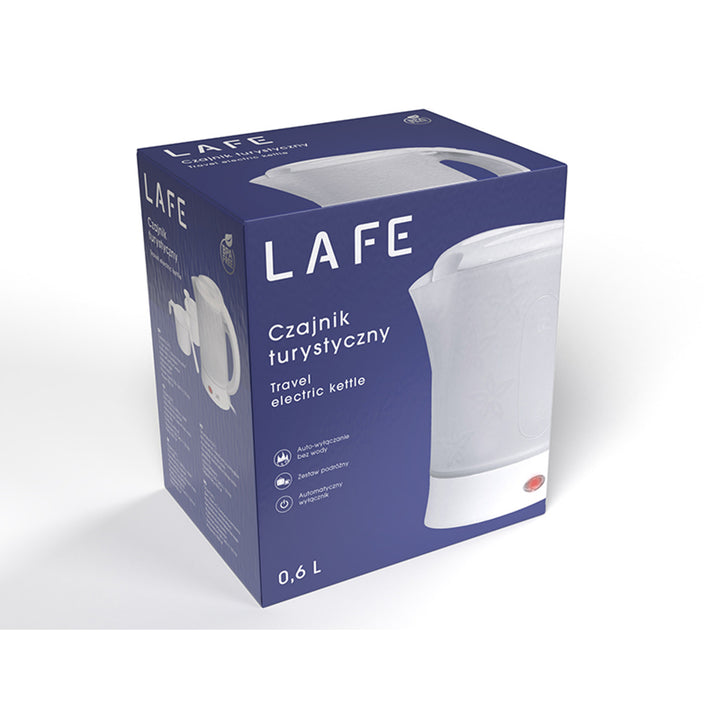Chaleira elétrica Lafe, turística, 600W, capacidade 0,6l, 2 chávenas, 2 colheres, branca, escandinava