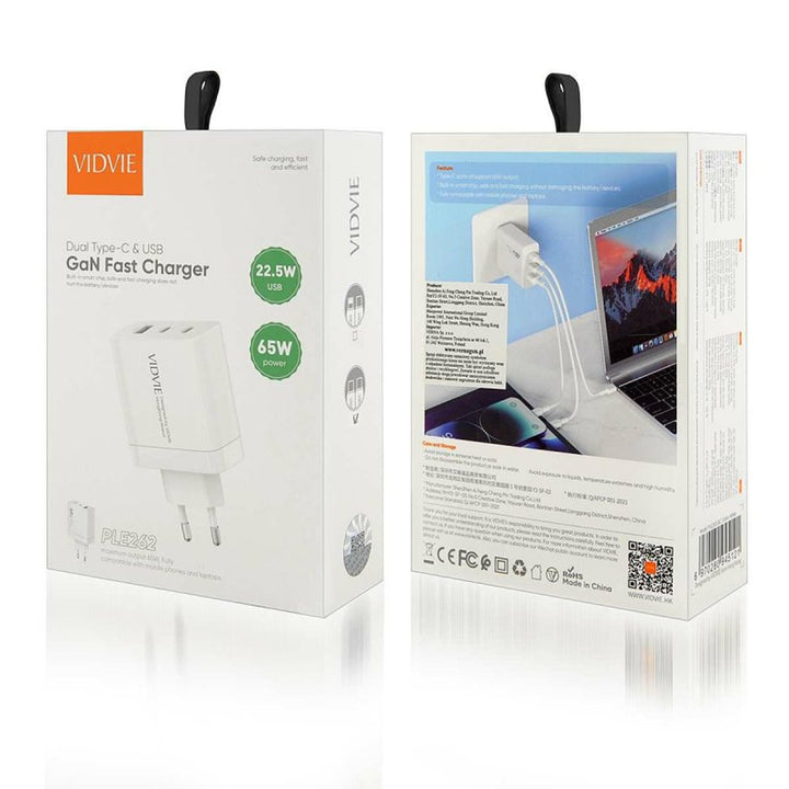 Cargador de red VIDVIE, 3A, 65W, 2x USB-C, 1x USB, cable USB-C/USB-C, PLE262