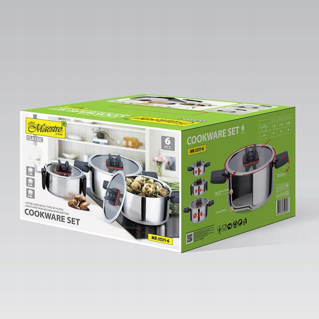 Maestro MR-3531-6 Juego de ollas, 6 piezas, acero inoxidable, asas plegables