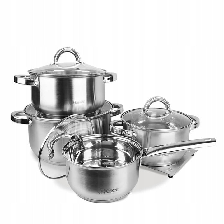 Maestro batería de cocina de 9 piezas 1,5L, 2L, 3L, 5L, acero inoxidable, apto para lavavajillas, apto para todo tipo de cocinas, placa de cocción, MR-2021