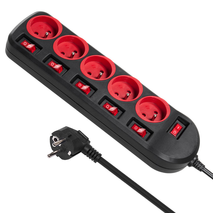Regleta Maclean, cable alargador de 5 tomas, con interruptores, 250VAC/10A, 1,5m, MCE204, 2 unidades