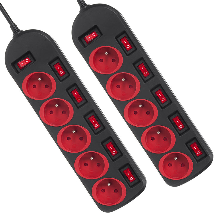 Regleta Maclean, cable alargador de 5 tomas, con interruptores, 250VAC/10A, 1,5m, MCE204, 2 unidades