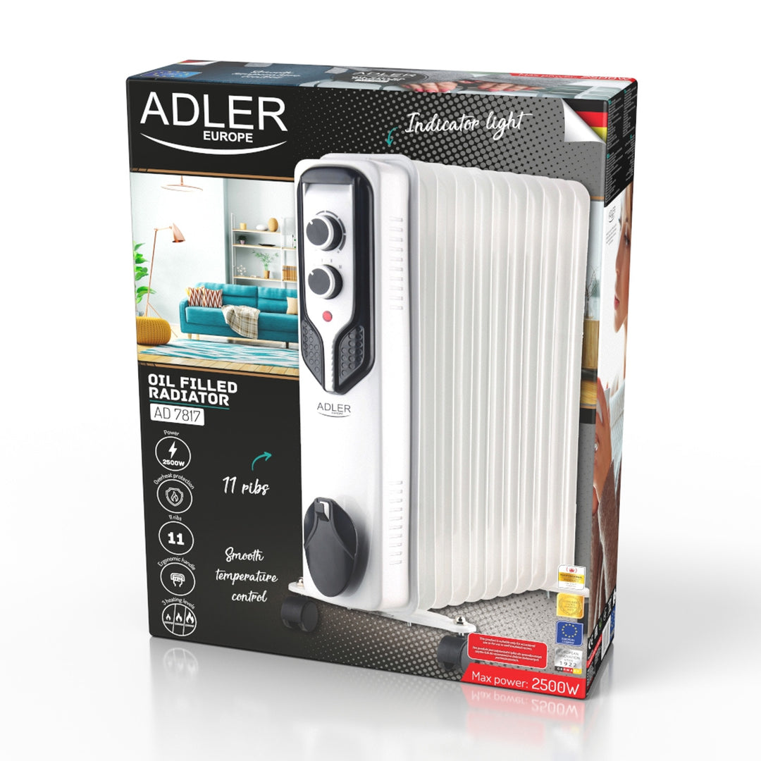 Calentador de aceite Adler, 11 aletas, potencia 2500W, 3 niveles de calefacción, blanco, AD 7817