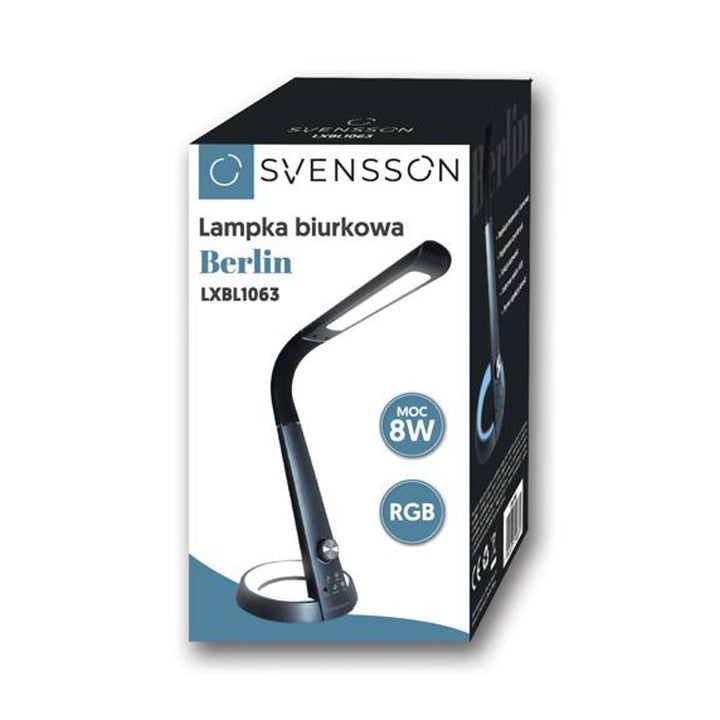 Lámpara de oficina Svensson, 450 Lumen, 8W de potencia, tres temperaturas de luz, función de carga de dispositivos móviles, base RGB, LXBL1063