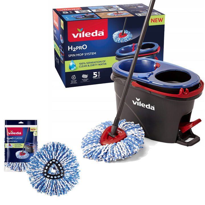 Mopa rotativa Vileda, dos cámaras, sistema de centrifugado, barra plegable, fácil limpieza de esquinas, turbo H2prO + cartucho extra
