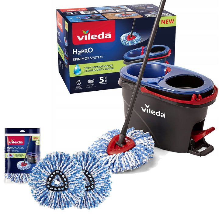 Mopa rotativa Vileda, dos cámaras, sistema de centrifugado, barra plegable, fácil limpieza de esquinas, turbo H2prO + 2 cartuchos extra