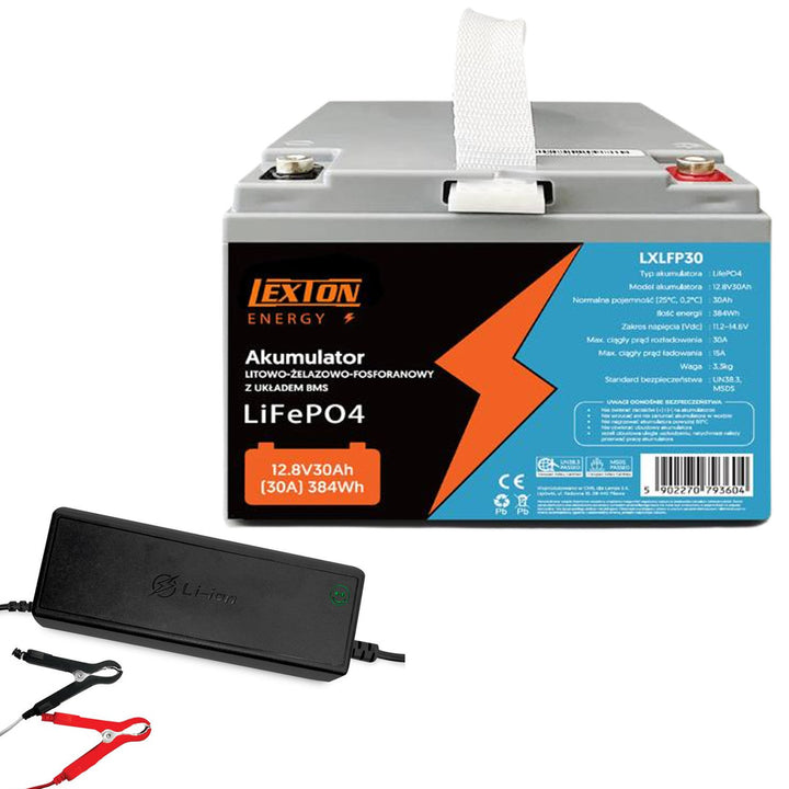 Batería LiFePo4 Lexton de litio-hierro-fosfato, con BMS, 12,8V, 30Ah, LXLFP30 + cargador de batería LTC Energy LiFePO4