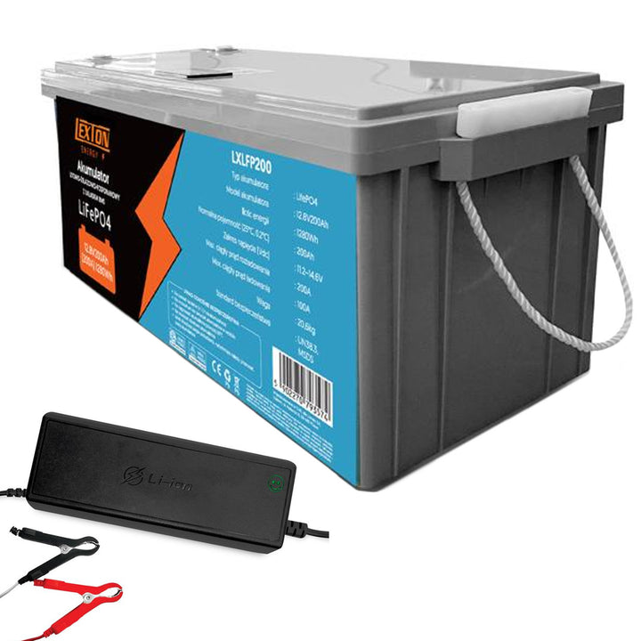 Batería LiFePo4 Lexton de litio hierro fosfato, con BMS, 12,8V, 200Ah, LXLFP200 + cargador de batería LTC Energy LiFePO4