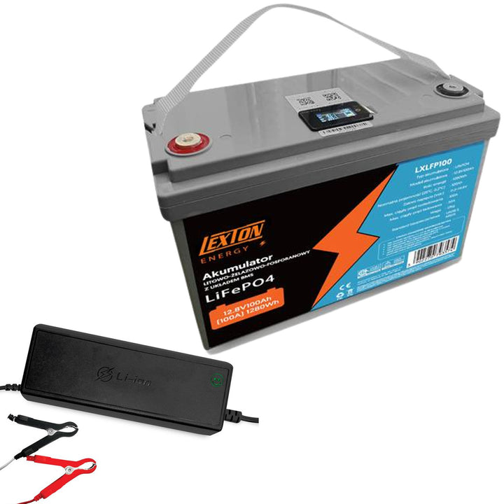 Batería LiFePo4 Lexton de litio-hierro-fosfato, con BMS, 12,8V, 100Ah, LXLFP100 + cargador de baterías LiFePO4 LTC Energy