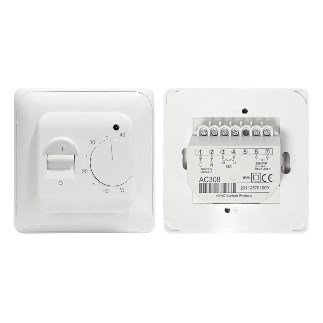 Termostato para lámina, estera calefactora Cronos, rango 5°C - 40°C, montaje empotrado, sonda NTC de 3 metros, AC308/M5