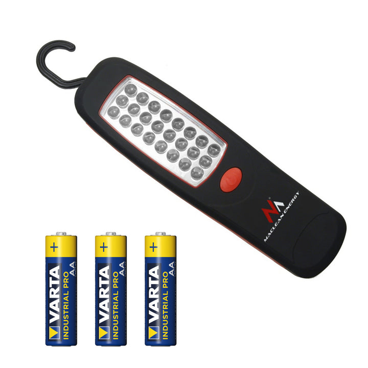 Lámpara warsztatowa 24 LED Maclean, magnes, hak, 3xAA, MCE03 + 3x bateria Varta Industrial LR6/AA R-06