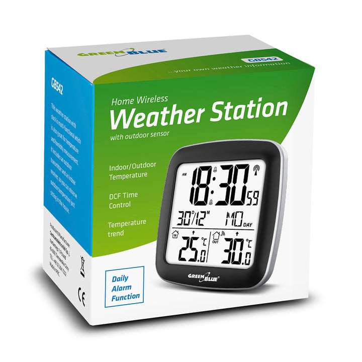 Estación meteorológica inalámbrica GreenBlue, con DCF, calendario, alarma, GB542 + 4x pila alcalina Varta Industrial AAA