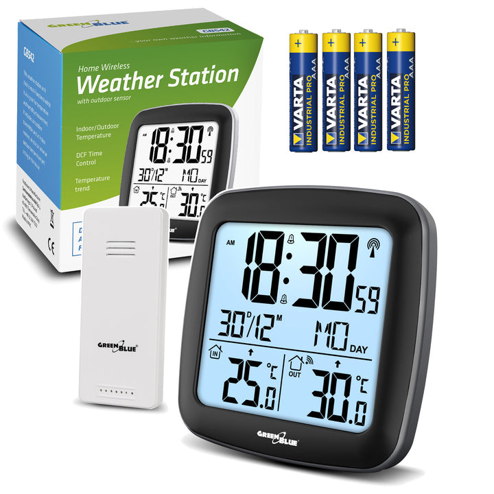 Estación meteorológica inalámbrica GreenBlue, con DCF, calendario, alarma, GB542 + 4x pila alcalina Varta Industrial AAA