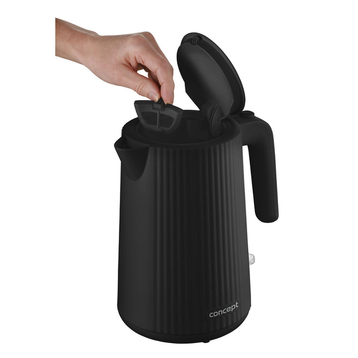 Concept hervidor eléctrico de plástico, 1,7L, diseño estriado, triple sistema de seguridad, filtro de sedimentos, indicador de nivel de agua, negro, RK2391