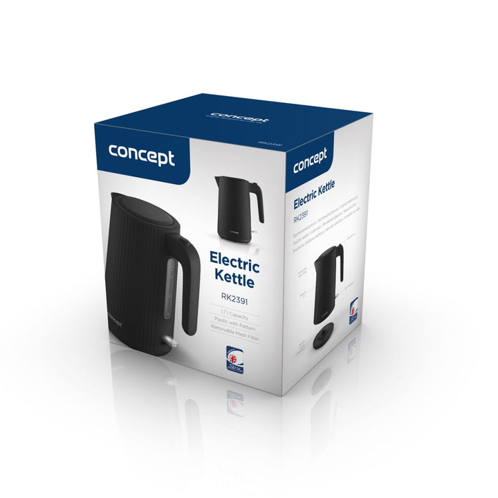 Concept hervidor eléctrico de plástico, 1,7L, diseño estriado, triple sistema de seguridad, filtro de sedimentos, indicador de nivel de agua, negro, RK2391