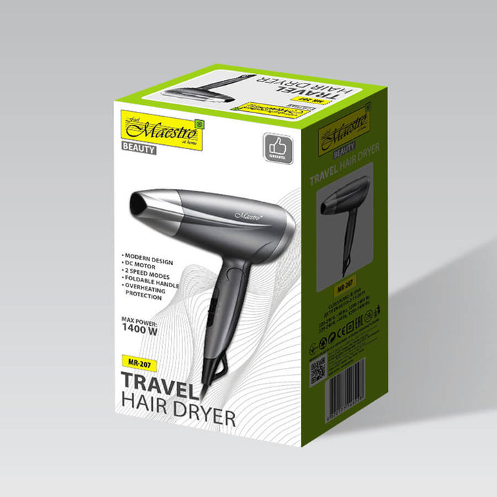 Secador de pelo Maestro, potencia 1400W, mango plegable, 2 velocidades de aire, concentrador, MR-207