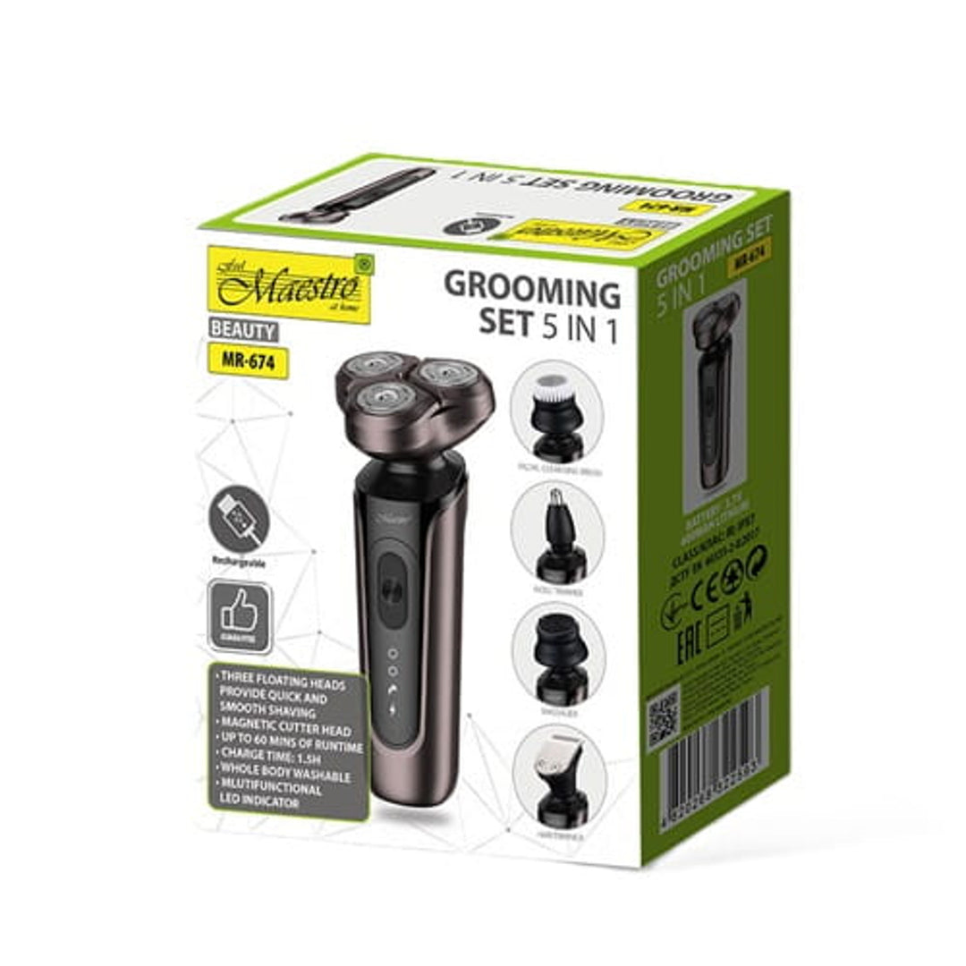 Set de afeitado Maestro 5 en 1, afeitadora, recortador nasal, cepillo de limpieza facial, boquilla de masaje, cortapelos, carcasa impermeable, hasta 60 min de autonomía, MR-674