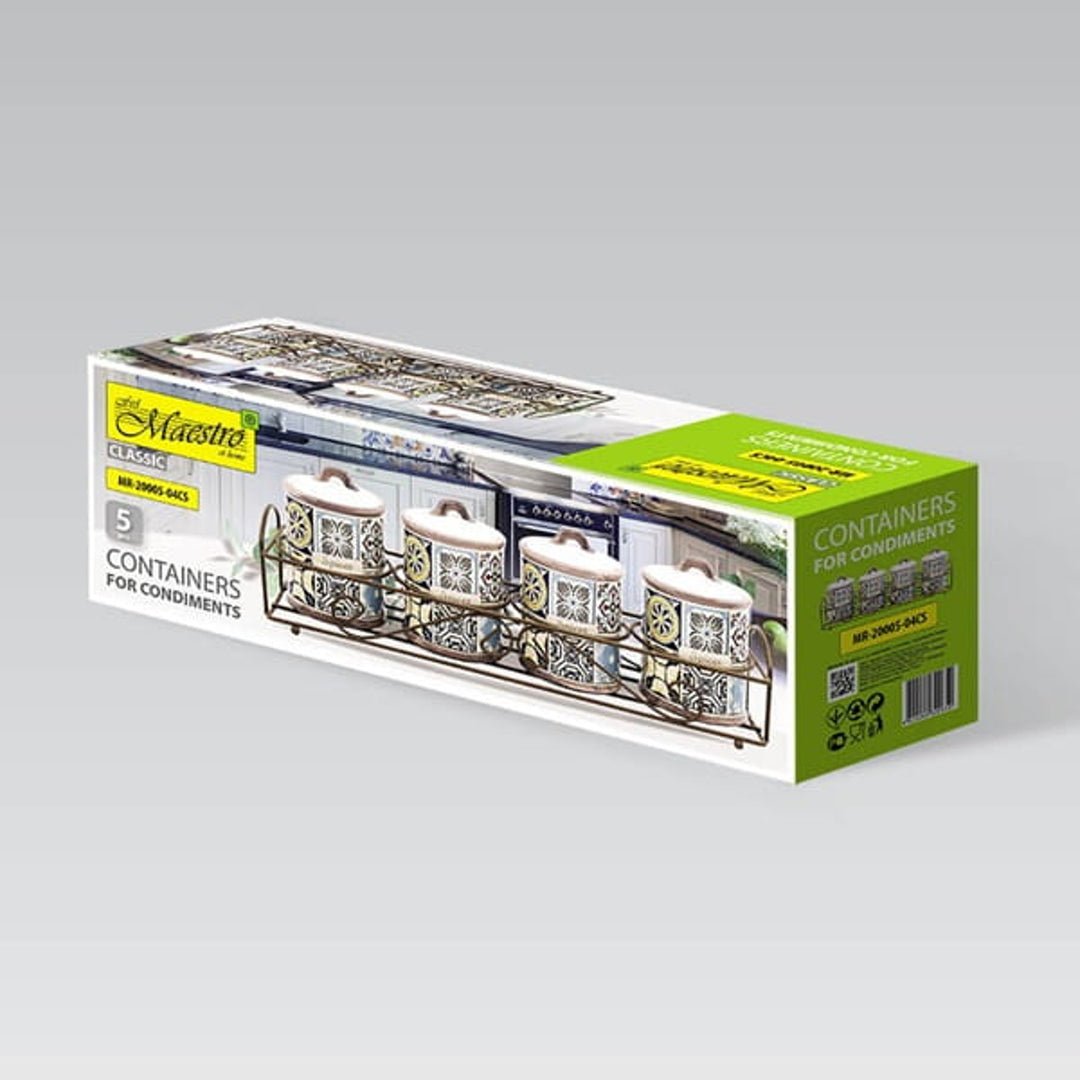 Holiday in Porto Juego de recipientes de cerámica Maestro, 5 piezas, 200 ml de capacidad, ideal para especias, con soporte de metal, MR-20005-04CS