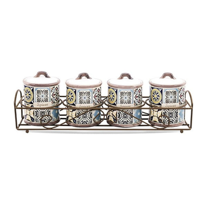 Holiday in Porto Juego de recipientes de cerámica Maestro, 5 piezas, 200 ml de capacidad, ideal para especias, con soporte de metal, MR-20005-04CS