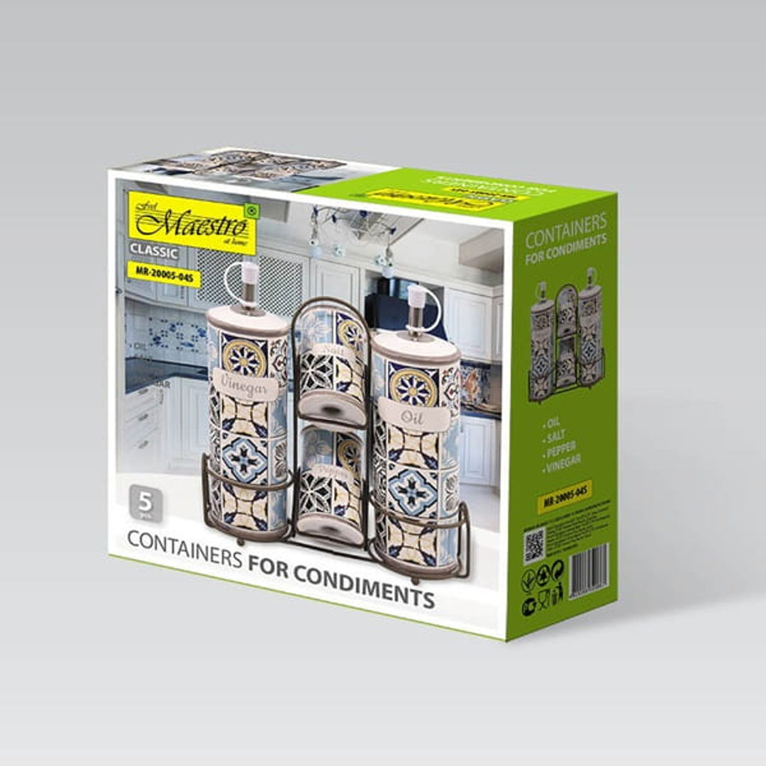 Holiday in Porto Maestro juego de especias de cerámica, 5 elementos, capacidad 2x100ml y 2x300ml, Con soporte de metal, MR-20005-04S