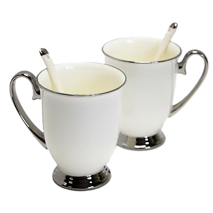 Tazas blancas 2pc Mangos cromados, cucharillas, Porcelana, Elegante, Reina Isabel