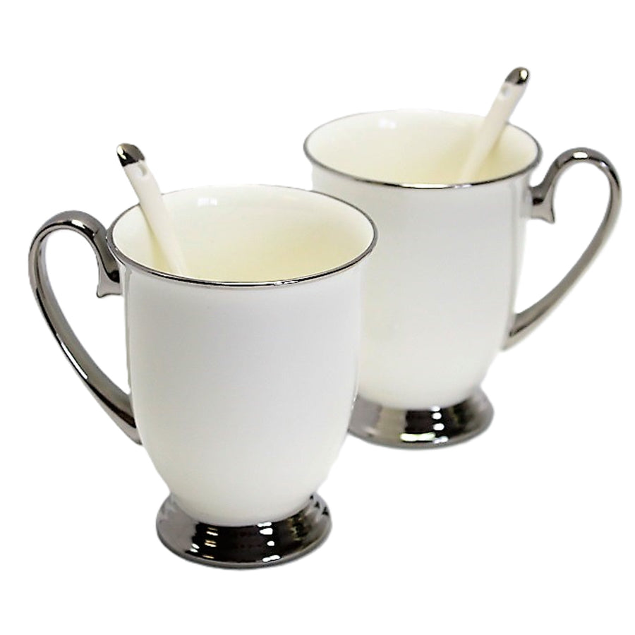 Tazas blancas 2pc Mangos cromados, cucharillas, Porcelana, Elegante, Reina Isabel