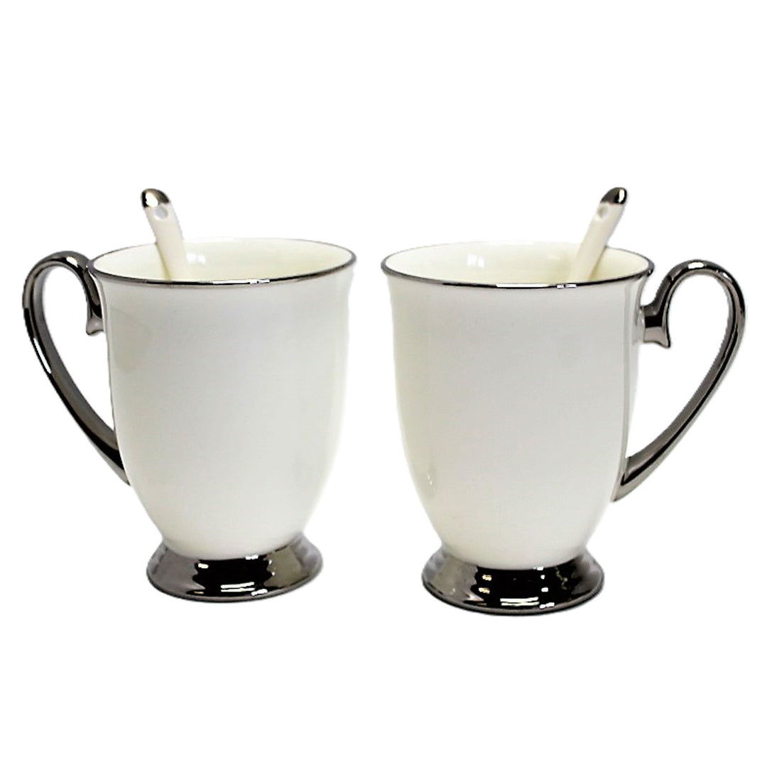 Tazas blancas 2pc Mangos cromados, cucharillas, Porcelana, Elegante, Reina Isabel