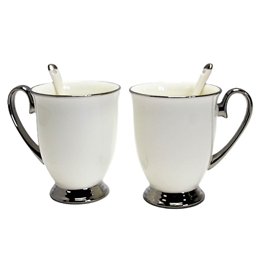 Tazas blancas 2pc Mangos cromados, cucharillas, Porcelana, Elegante, Reina Isabel