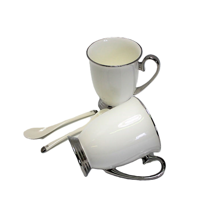 Tazas blancas 2pc Mangos cromados, cucharillas, Porcelana, Elegante, Reina Isabel