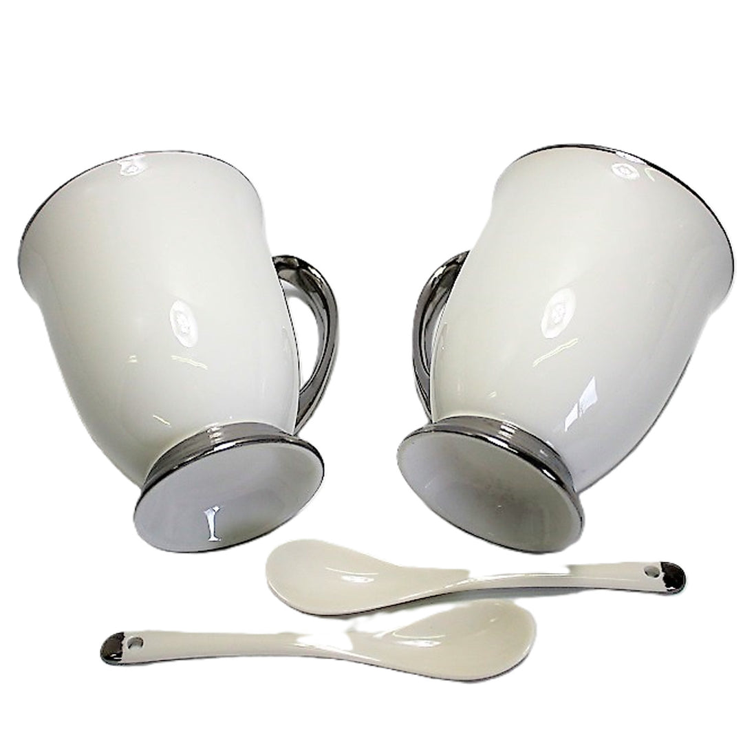 Tazas blancas 2pc Mangos cromados, cucharillas, Porcelana, Elegante, Reina Isabel