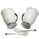 Tazas blancas 2pc Mangos cromados, cucharillas, Porcelana, Elegante, Reina Isabel