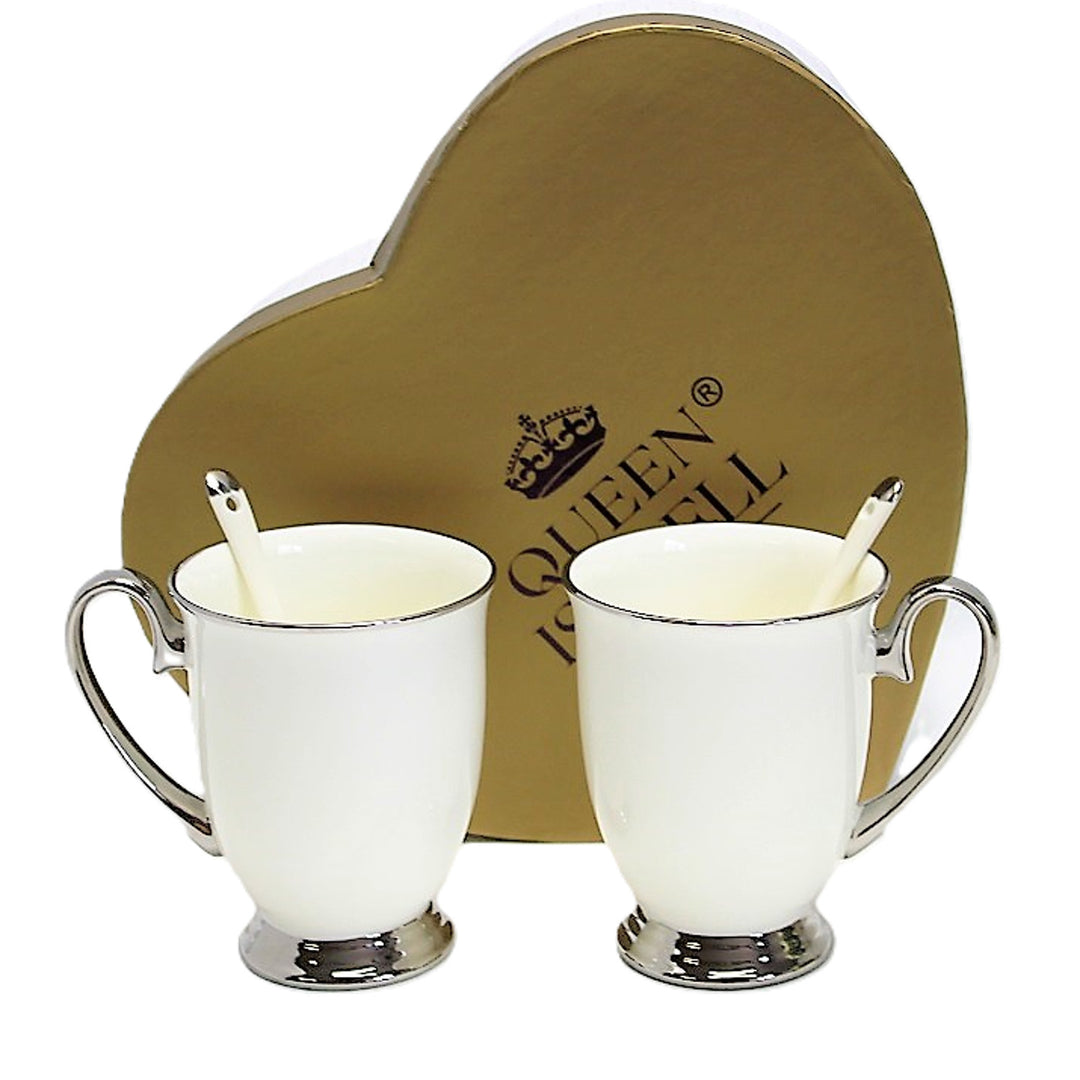 Tazas blancas 2pc Mangos cromados, cucharillas, Porcelana, Elegante, Reina Isabel