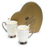 Tazas blancas 2pc Mangos cromados, cucharillas, Porcelana, Elegante, Reina Isabel
