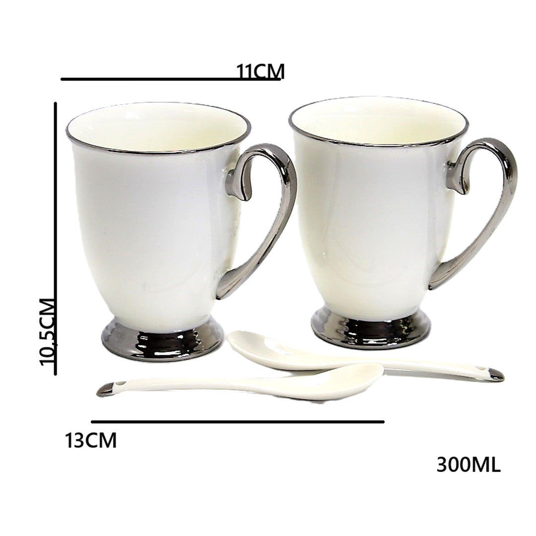 Tazas blancas 2pc Mangos cromados, cucharillas, Porcelana, Elegante, Reina Isabel