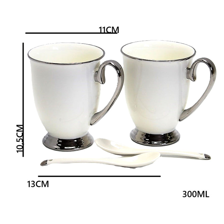 Tazas blancas 2pc Mangos cromados, cucharillas, Porcelana, Elegante, Reina Isabel