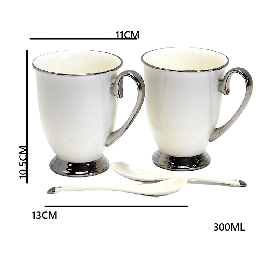 Tazas blancas 2pc Mangos cromados, cucharillas, Porcelana, Elegante, Reina Isabel
