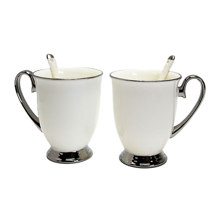 Tazas blancas 2pc Mangos cromados, cucharillas, Porcelana, Elegante, Reina Isabel