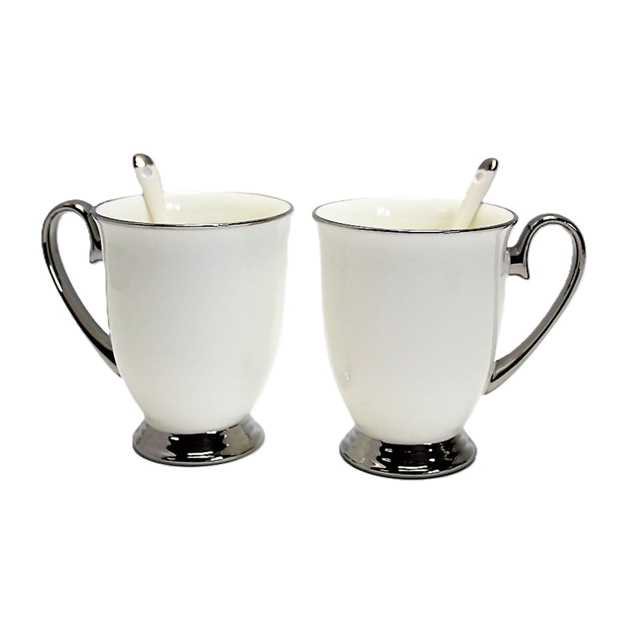 Tazas blancas 2pc Mangos cromados, cucharillas, Porcelana, Elegante, Reina Isabel