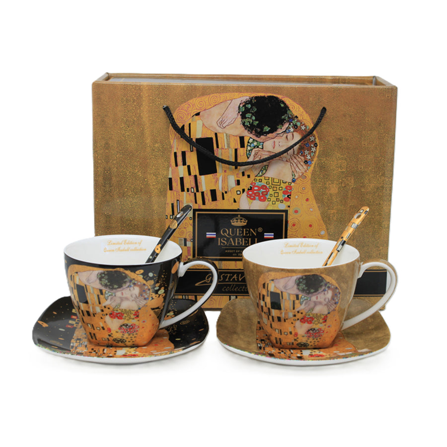 Juego de 2 tazas de porcelana Reina Isabell, motivo El beso de Klimt, cucharillas, 250 ml, W25KL60-2-19000